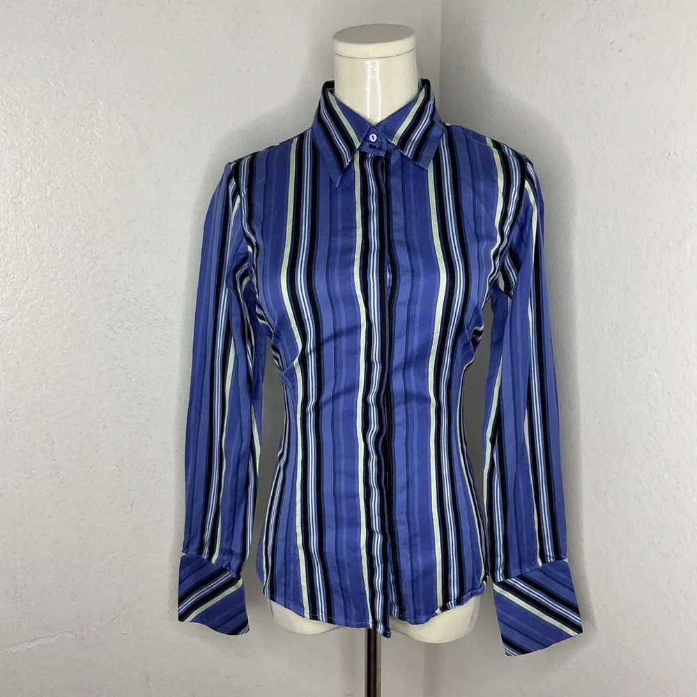 Y2K Women's Blue Green Striped Button Down Shirt Preppy Office Long Sleeve Sz 8 - Picture 1 of 10
